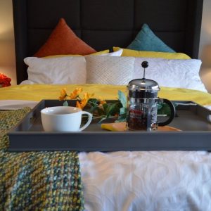 Premium upholstered divan bed with dark panel headboard and bedside lamps